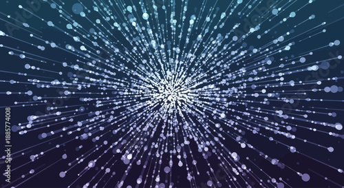 Abstract explosion of glowing particles and light streaks on a dark background