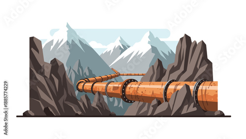 An industrial pipeline with multiple segments and flanges, winding through a rugged mountainous landscape with snow-capped peaks.