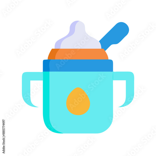 Vibrant baby cup with handles and spoon on a black background