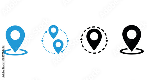 A set of location icons in blue and black on a Transparent Background for navigation purposes
