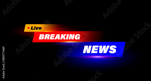 Breaking news banner vector background for TV broadcasting. Modern live stream lower third template with glowing red and blue shapes. Media channel headline bar design concept for daily report.