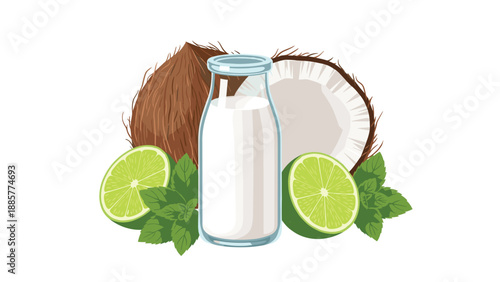 Fresh composition featuring a bottle of coconut milk, a whole coconut, a halved coconut, two lime halves, and fresh mint leaves.