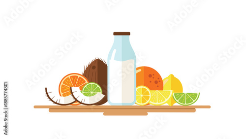 Refreshing still life composition with a bottle of coconut milk, sliced oranges, lemons, limes, and coconut pieces on a wooden board.