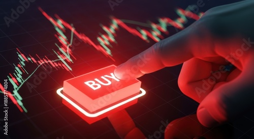 Finger pressing glowing red buy button on digital stock market trading screen