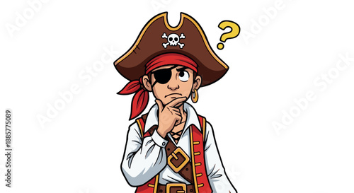 A cartoon pirate with a puzzled expression and a question mark above his head