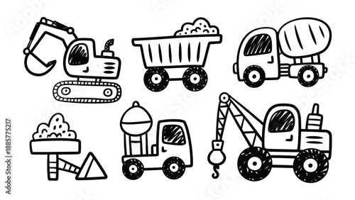 Construction Vehicles Doodle: A charming collection of hand-drawn construction vehicles, capturing the raw essence of construction and transport in a simple and delightful way.