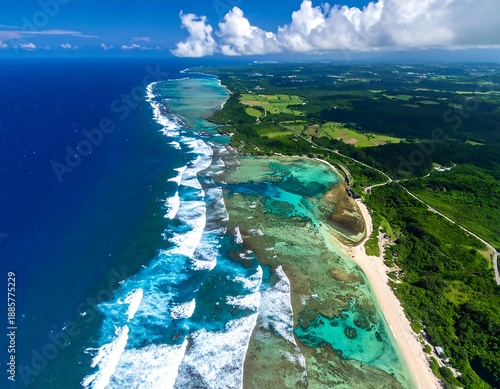 Aerial View of Tropical Island Coastline.