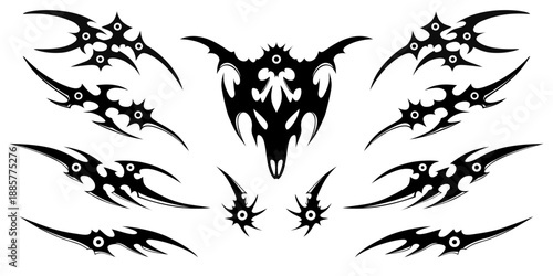 Futuristic traditional tribal tattoo design set