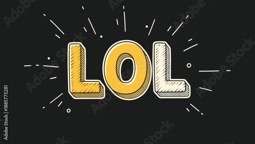 Stylized three-dimensional LOL acronym in yellow and white colors with decorative sunburst lines on a solid black background design.