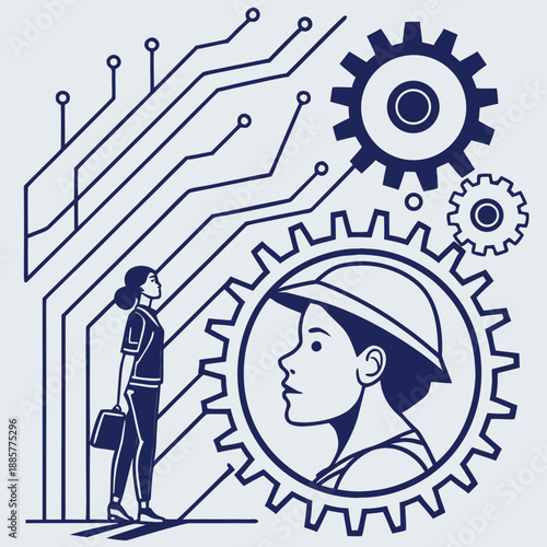 Cartoon illustration of a business person navigating a complex vector gear labyrinth design as a conceptual symbol of work