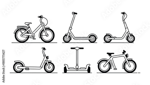 Variety of E-transport: Explore various styles of e-scooters and e-bikes, showcasing the evolution of personal transportation and sustainable urban mobility.