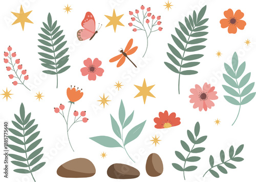 Obraz na płótnie Cute floral and nature illustration set with leaves, flowers, butterfly, stars,