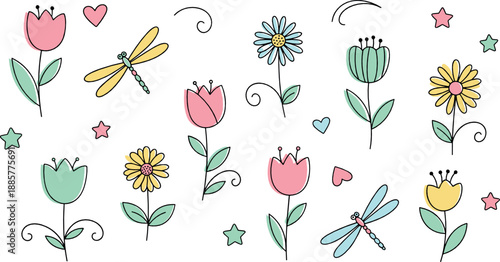 Cute floral doodle illustration set with hand drawn flowers, dragonflies, hearts, and whimsical spring nature elements in playful flat vector style