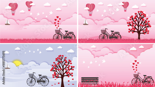 Valentines Day Romantic Bicycle Scene Set