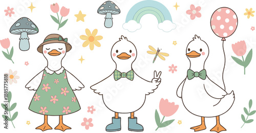 Cute goose illustration set with spring outfits, flowers, rainbow, mushrooms, balloons, and playful garden characters in pastel nursery flat vector style
