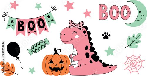 Cute Halloween dinosaur illustration set with pumpkins, boo banners, spider web, stars, candy, and playful spooky nursery elements in flat vector style