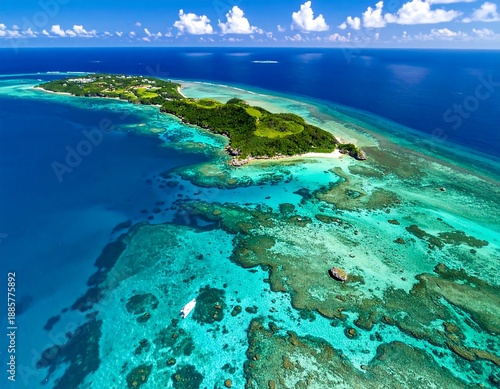 Aerial view of tropical island landscape.