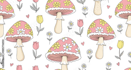 Cute floral mushroom seamless pattern vector illustration with flowers and hearts, whimsical pastel woodland background design for kids, fabric and stationery isolated