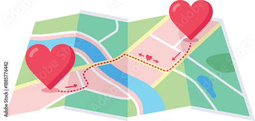 Long Distance Love Connection Map Vector Art - Romantic Travel Route with Heart Location Markers