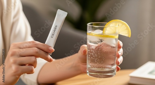 Close-up of woman’s hands holding a collagen stick and a glass of water at home. Beauty, wellness, and dietary supplement concept.