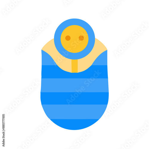 Flat design icon of a baby swaddled in blue and cream blankets