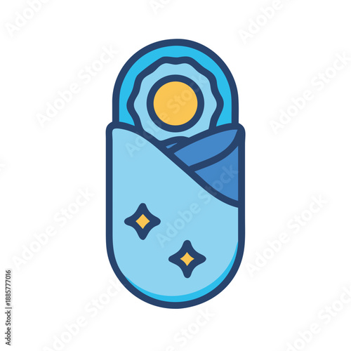 Infant wrapped in swaddle blanket with celestial motifs, presented in vector style
