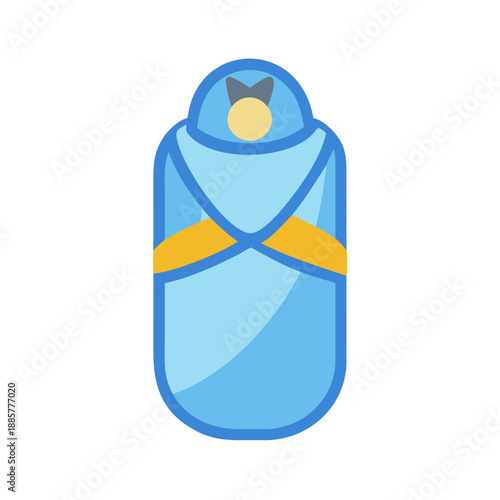 Illustration of a newborn baby wrapped in a blue swaddle blanket