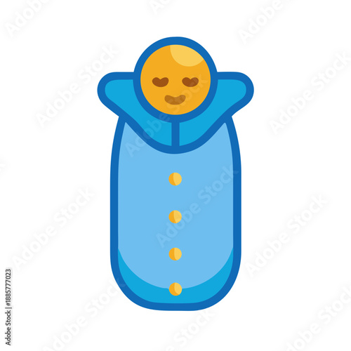 Cute cartoon baby swaddled in a blue blanket on black background