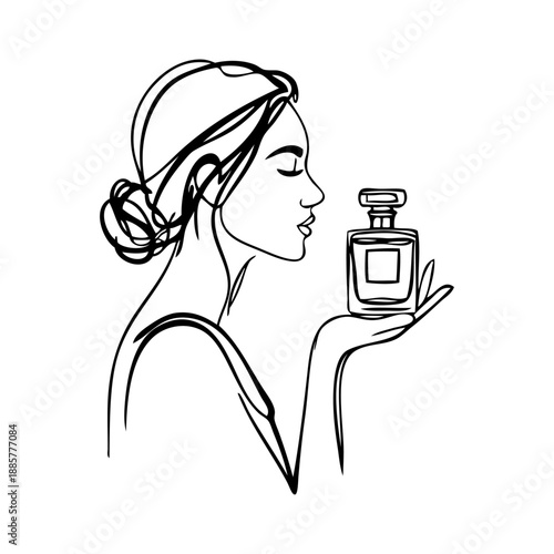 Dibujo sencillo con líneas de una mujer de perfil sujetando una botella de perfume en la mano 