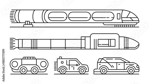 Transportation Variety: A line-art depiction showcases a spectrum of transport options, ranging from sleek high-speed trains to versatile cars.