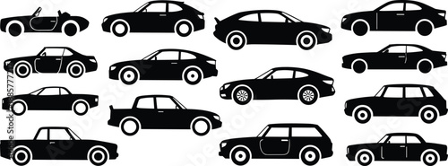 Cartoon car silhouette icon set with sedans, hatchbacks, SUVs, convertibles, and coupes in side profile view.