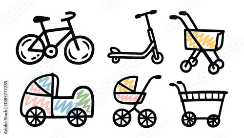 Modern Transportation Sketch: A collection of simple vehicle illustrations showcasing diverse modes of travel, symbolizing a playful spirit of journey, perfect for design needs. 