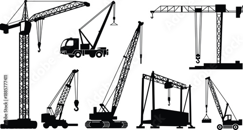 Cartoon construction crane silhouette icon set with tower, crawler, gantry, mobile, and truck-mounted cranes in black-and-white.