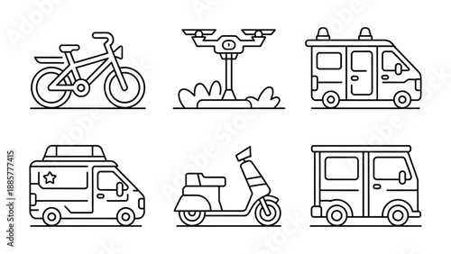 Transportation Icons: A collection of meticulously designed line art icons depicting various modes of transport, from bicycles to delivery vans, perfect for illustrating movement and mobility.
