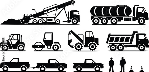 Cartoon construction vehicle silhouette icon set with conveyor truck, tanker, roller, backhoe, forklift, dump truck, and workers.