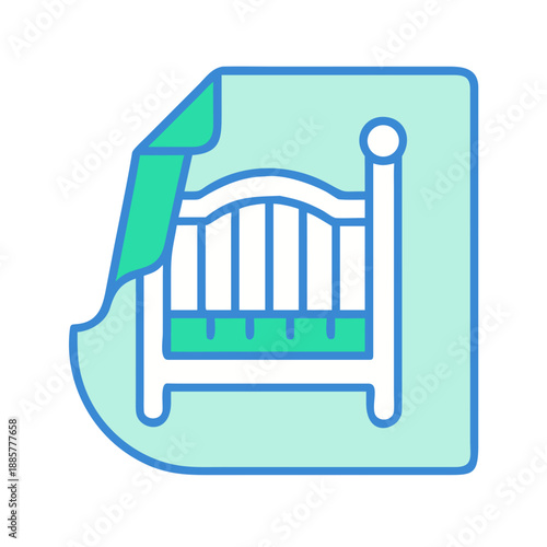 Cute baby cot sticker illustration on light green background with rounded edges