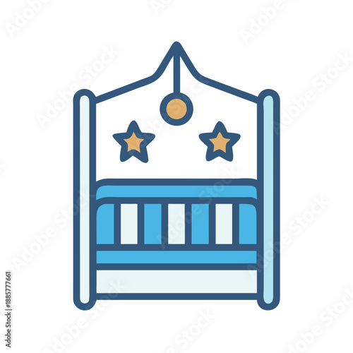 Stylized baby crib with mobile and stars, isolated on a black background