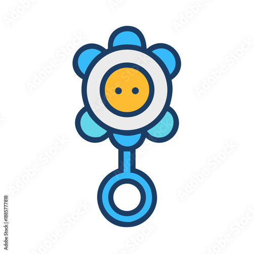 Cheerful blue flower baby rattle toy isolated on black background illustration