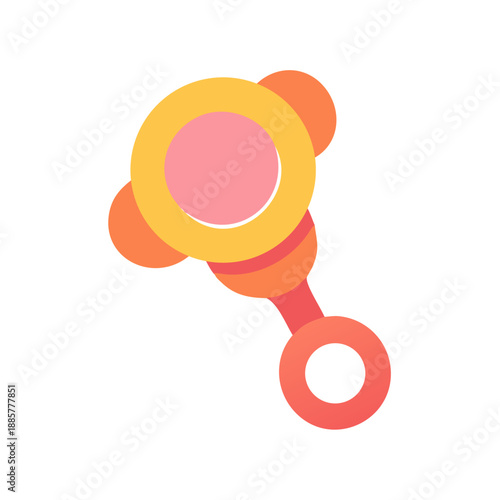 Flat illustration of a baby rattle toy with round shapes on black background