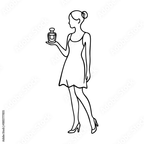 Dibujo sencillo con líneas de una mujer con vestido de pie sujetando una botella de perfume en la mano  
