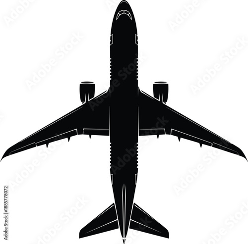 Overhead view of a sleek black passenger airplane a detailed silhouette of a modern jetliner for travel and aviation concepts symbolizing global journeys and aerial transport