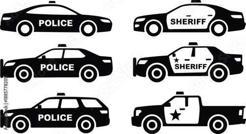 Cartoon law enforcement vehicle icon set with police and sheriff cars, SUVs, and pickups in black-and-white silhouette.