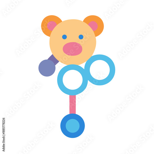 Minimalist flat design of a cute cartoon bear rattle toy on black
