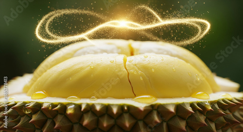 Captivating Close-up of Durian Fruit, Its Golden Segments Bathed in a Shimmering Light, Evoking a Sense of Wonder and Natural Abundance