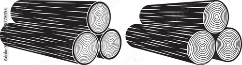 Stack of stacked logs, cut tree trunks in a simple black and white illustration style