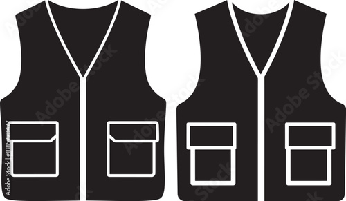 Two black fishing vests or utility vests with multiple pockets, isolated on white background