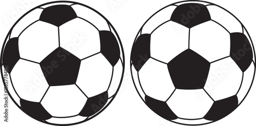 Pair of classic black and white soccer balls, simple graphic illustration for sports design