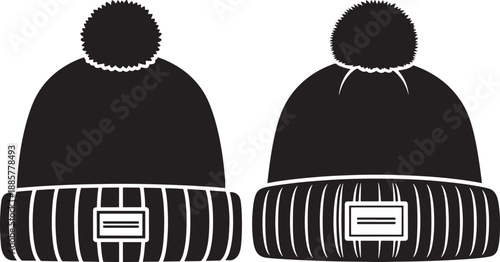 Two cozy knitted winter beanies with pom poms, black and white silhouette for cold weather gear