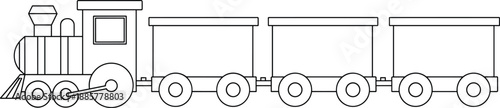 Black and White Outline Illustration of a Toy Steam Engine Locomotive Train with Three Freight Wagons for Children Educational Coloring Book Page Vector