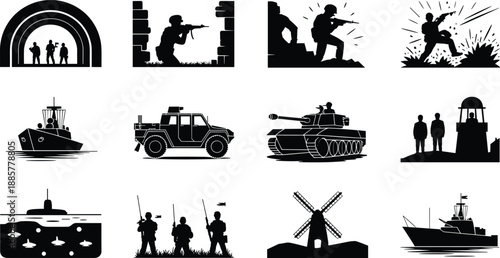 Cartoon military silhouette icon set with soldiers, tanks, ships, submarine, watchtower, explosion, and battlefield scenes.